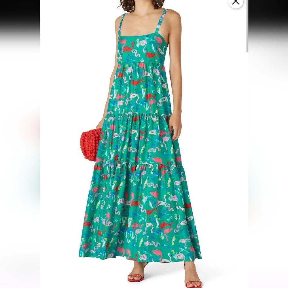 Tanya Taylor Green Printed Flamingo Maxi Dress Size 10